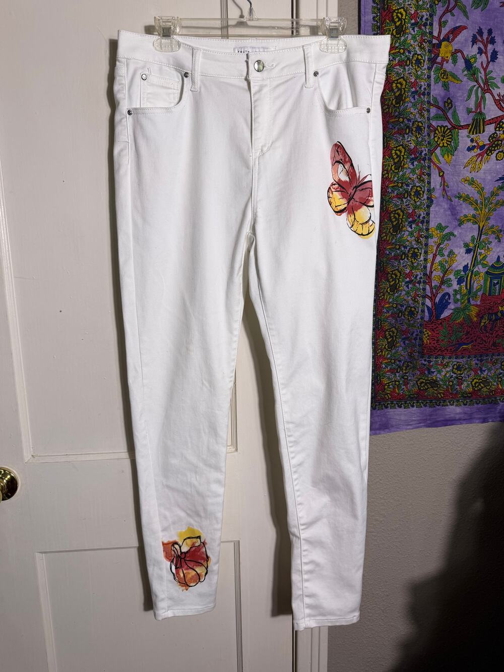 Truth + Theory White Butterfly Hand Painted Skinny Jeans Women's Size 12 Art